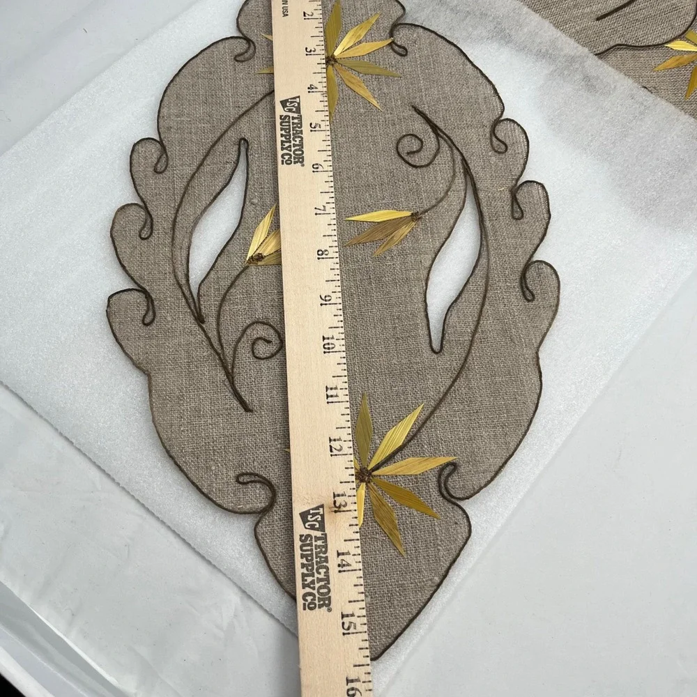 Vintage 7 pc Burlap Placemat Set Bamboo Flower Appliqué Handmade Boho Table Rare